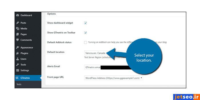 تکمیل اطلاعات مکان و ایمیل در نصب پلاگین جی تی متریکس در وردپرس 