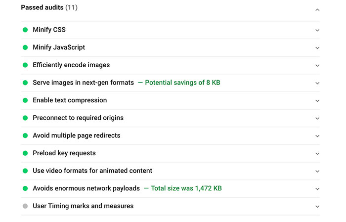 بخش Passed Audits در سایت PageSpeed Insights